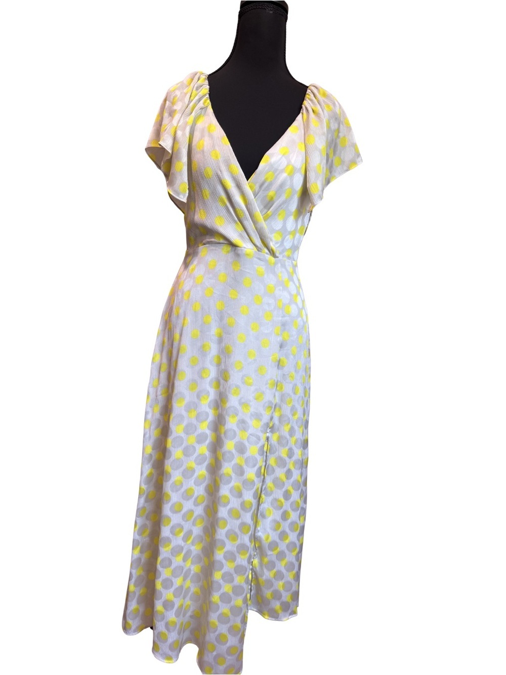 Zara Gray Yellow Polka Dot Midi Dress XS Chiffon Ruffle Slit Vacation Summer - Picture 2 of 6